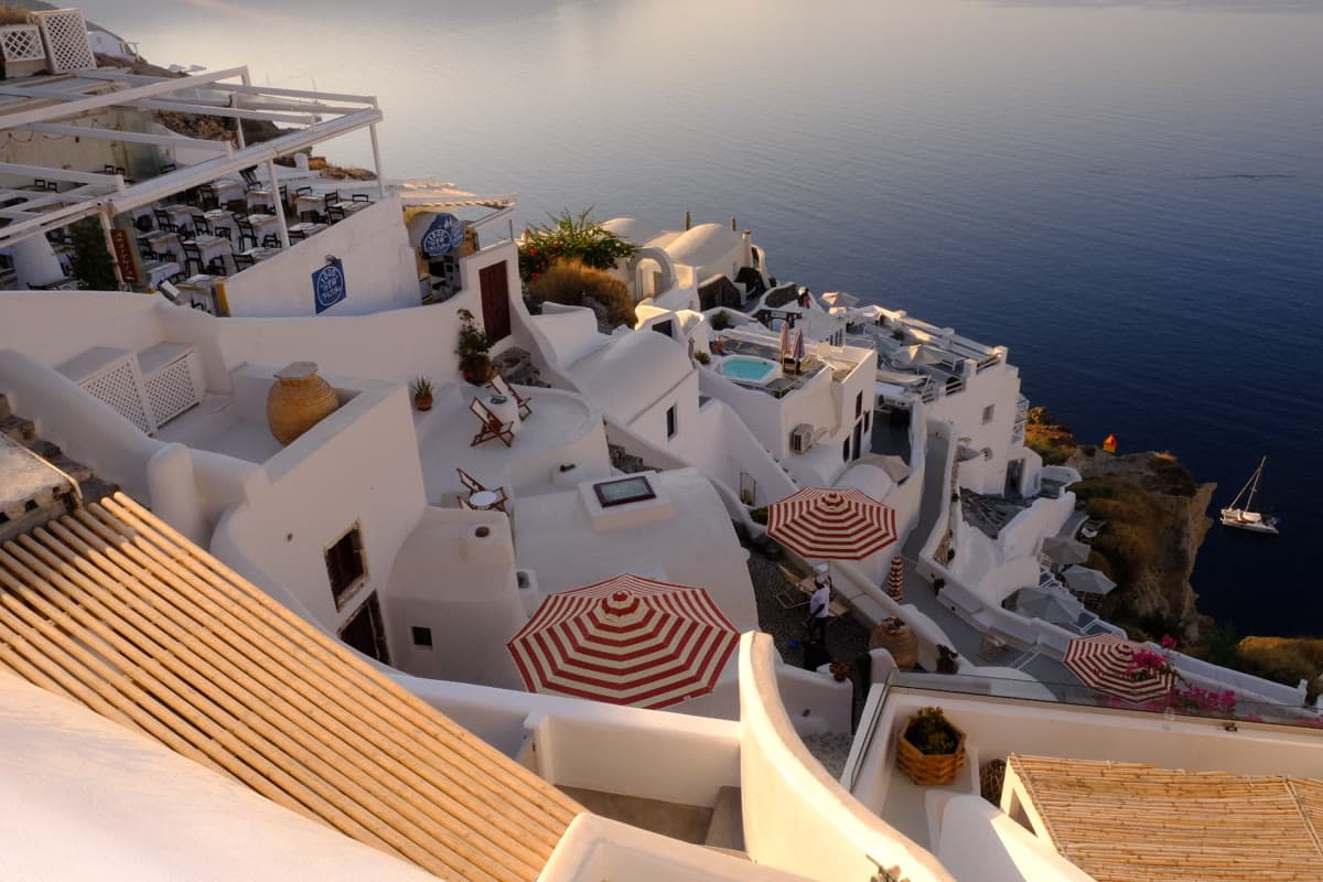 Rooftops stepping down to the sea